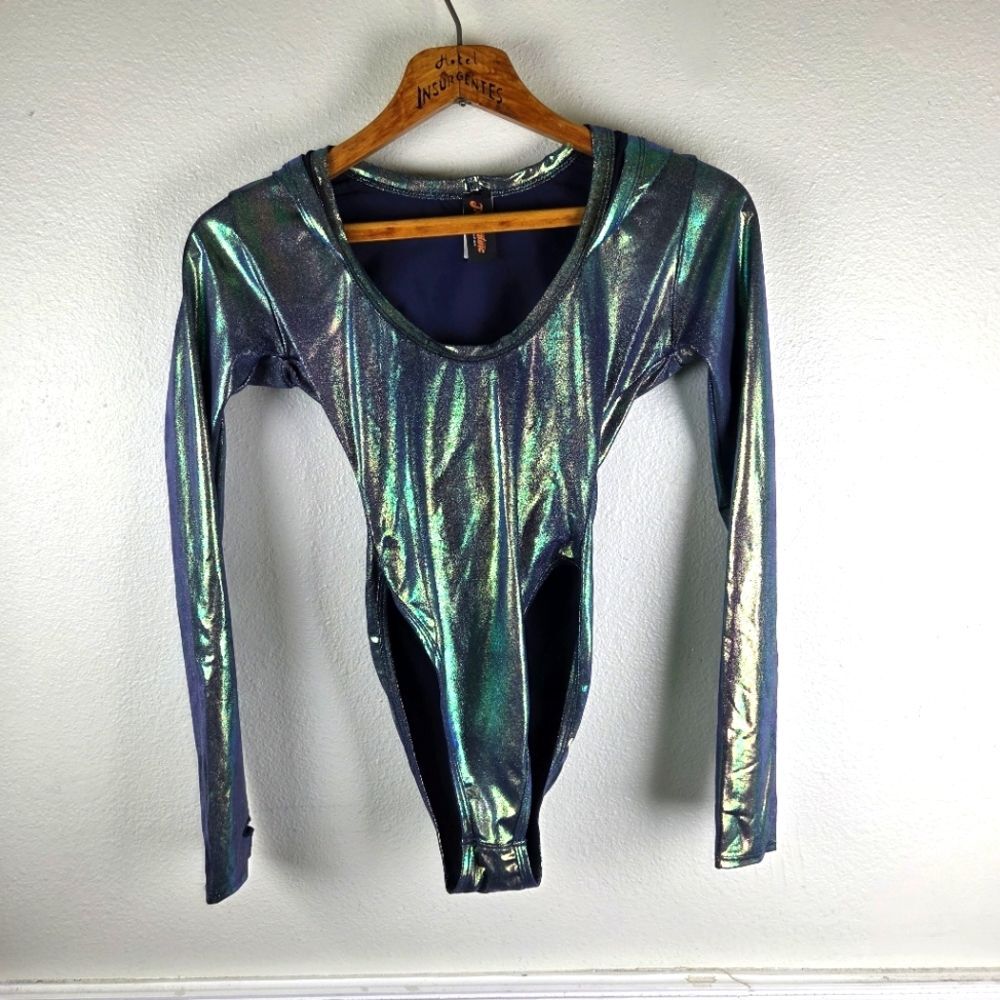Women's J. Valentine Rave EDC Metallic Iridescent Long Sleeve Bodysuit Sz S/M